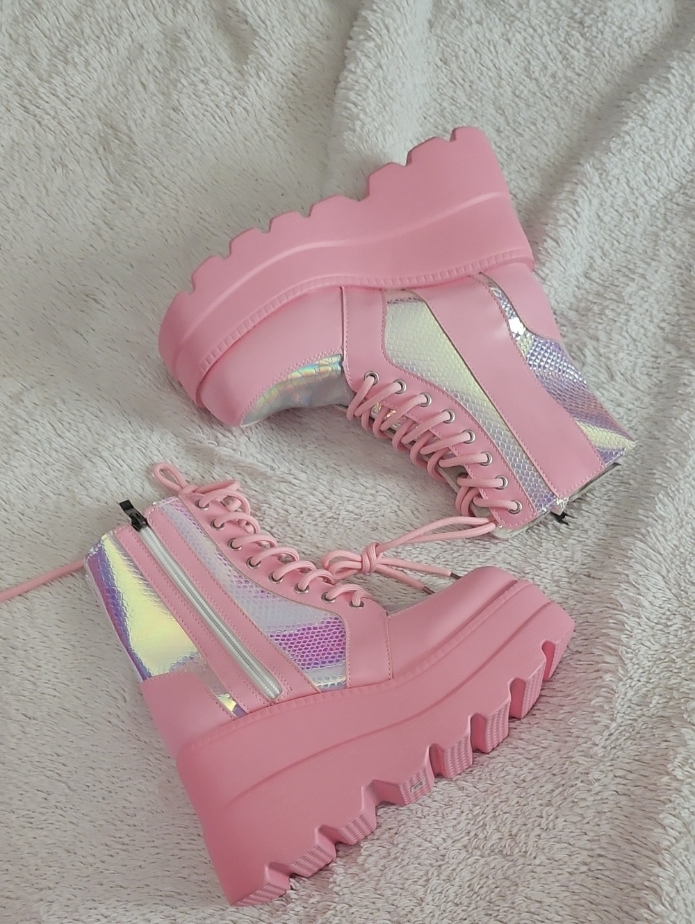 Pink Platform Lace-Up Boots with Holographic Accents